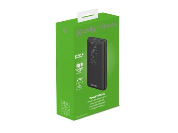Celly ProPower PBPD10000EVO - Strømbank - 10000 mAh - 37 Wh - 20 watt - 3 A - PD - 3 utgangskontakter (2 x USB, 24 pin USB-C) - svart