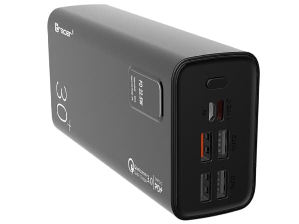 Tracer MODI - Strømbank - 30000 mAh - 20 watt - 3 A - QC 3.0, PD, SCP, VOOC - 5 utgangskontakter (24 pin USB-C, 4 x USB) - svart