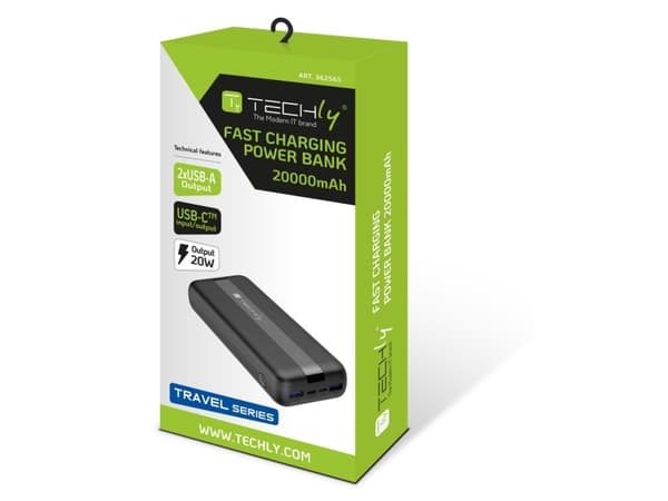 Techly I-CHARGE-2000020W, 20000 mAh, Lithium Polymer (LiPo), 20 W, Sort