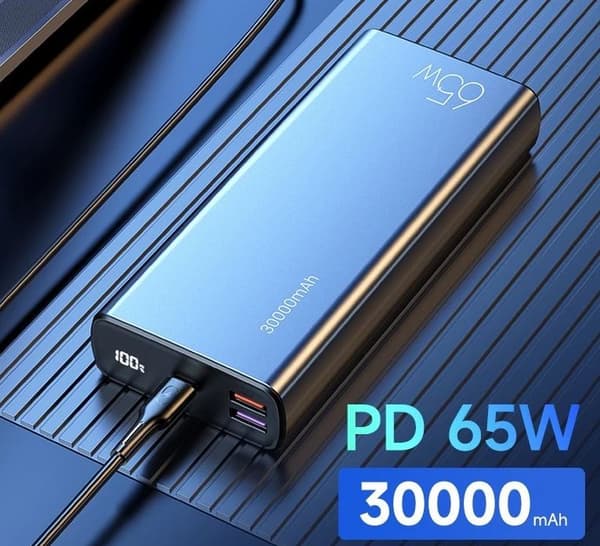 Power bank 65WPRO för smartphone och bärbara datorer, 30000mAh, Quickcharge, 1 USB-C, 2 USB-A