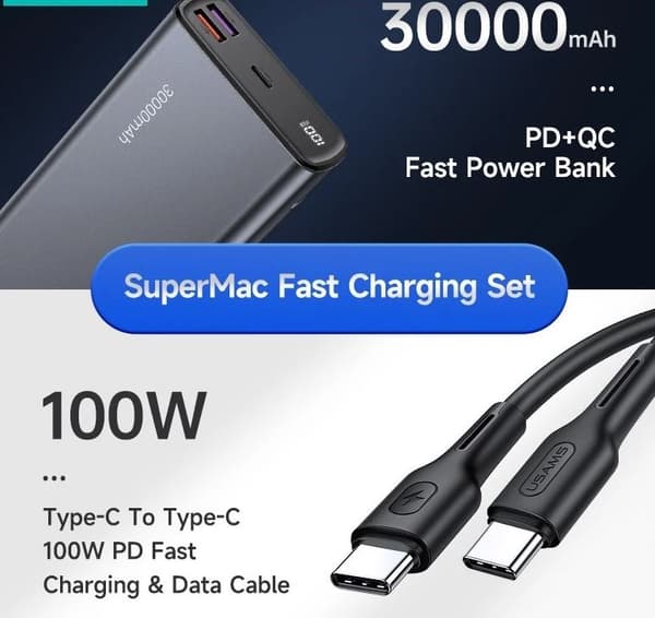 Power bank 65WPRO för smartphone och bärbara datorer, 30000mAh, Quickcharge, 1 USB-C, 2 USB-A