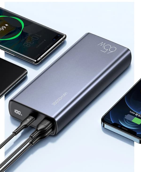Power bank 65WPRO för smartphone och bärbara datorer, 30000mAh, Quickcharge, 1 USB-C, 2 USB-A