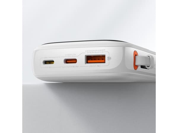 Baseus Qpow Digital Display powerbank med hurtiglading 10000mAh 22,5W QC/PD/SCP/FCP med innebygd USB-C-kabel hvit