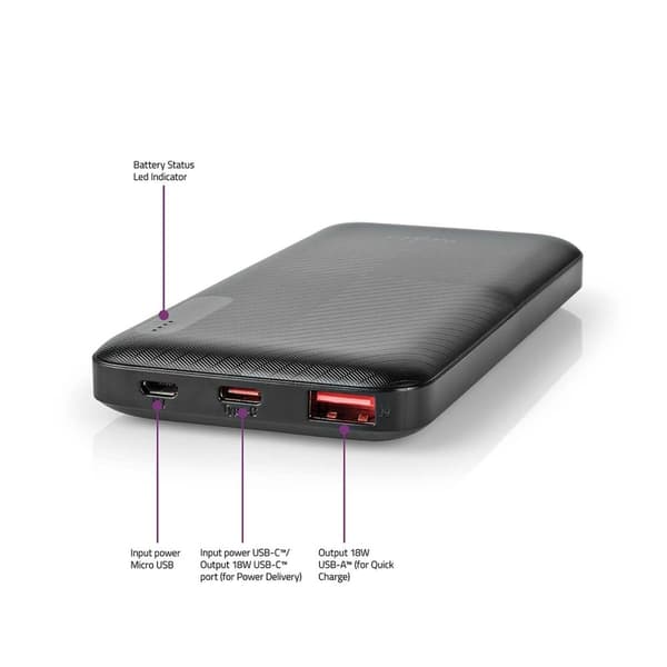 Nedis Power Bank | 10000 mAh | 1.5 / 2.0 / 3.0 A | Antall utganger: 2 | Utgangstilkobling: 1x USB-A / 1x USB-C™ | Inngangstilkobling: 1x Micro USB / 1