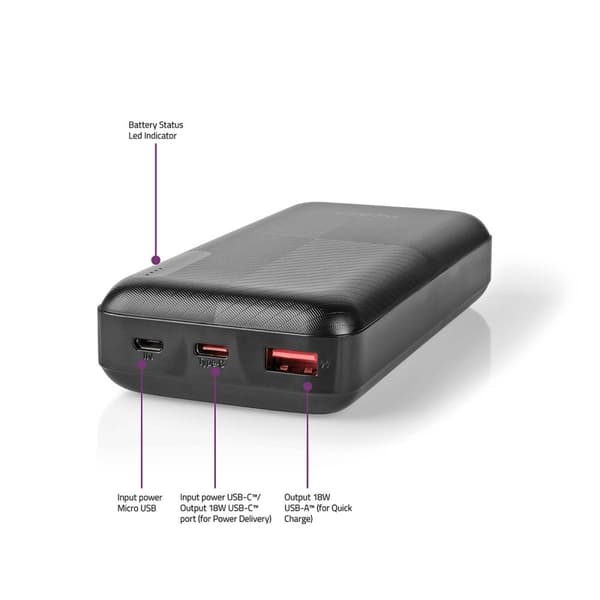Nedis Power Bank | 20000 mAh | 1.5 / 2.0 / 3.0 A | Antall utganger: 2 | Utgangstilkobling: 1x USB-A / 1x USB-C™ | Inngangstilkobling: 1x Micro USB / 1