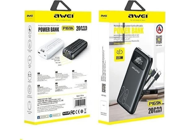 Powerbank Awei AWEI PowerBank P169K 20000mAh 22,5W svart/svart skjerm + PD/Lightning-kabler