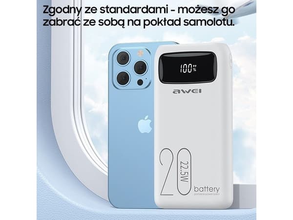 Powerbank Awei AWEI PowerBank P169K 20000mAh 22,5W svart/svart skjerm + PD/Lightning-kabler