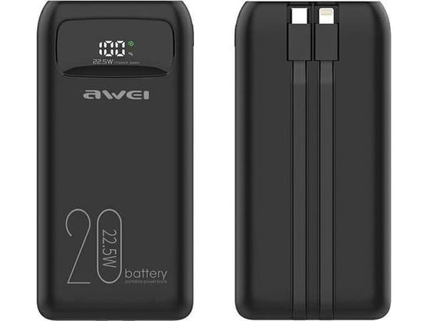Powerbank Awei AWEI PowerBank P169K 20000mAh 22,5W svart/svart skjerm + PD/Lightning-kabler