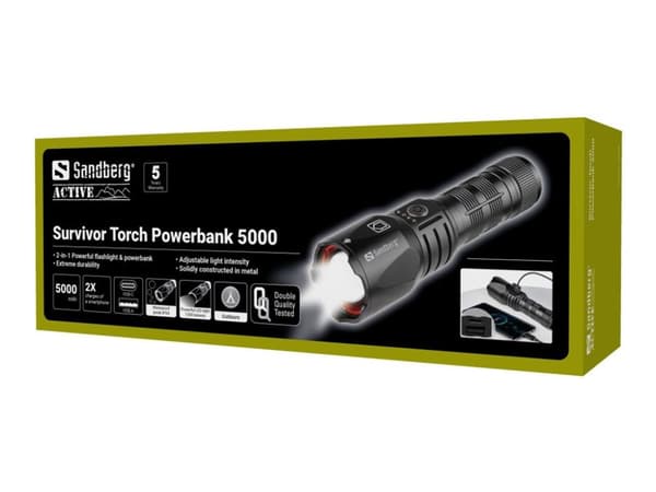Sandberg Active Survivor Torch Powerbank 5000 - Strömförsörjningsbank - 5000 mAh - 18.5 Wh - 2 A - 2 utdatakontakter (USB, 24 pin USB-C) - svart