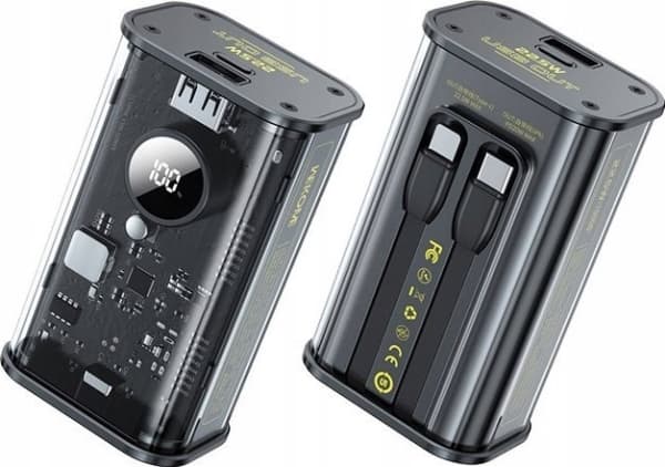 WEKOME WP-345 Vanguard Series - Power bank 10000 mAh Fast Charging with built-in USB-C &amp; Lightning PD 20W + QC 22.5W cable (Black)