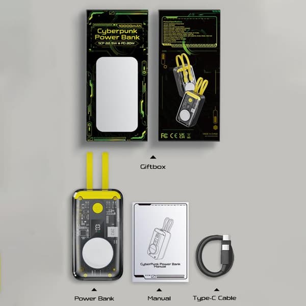 CyberPunk bærbar lader Powerbank 10000mAh 4-i-1 22.5W QC