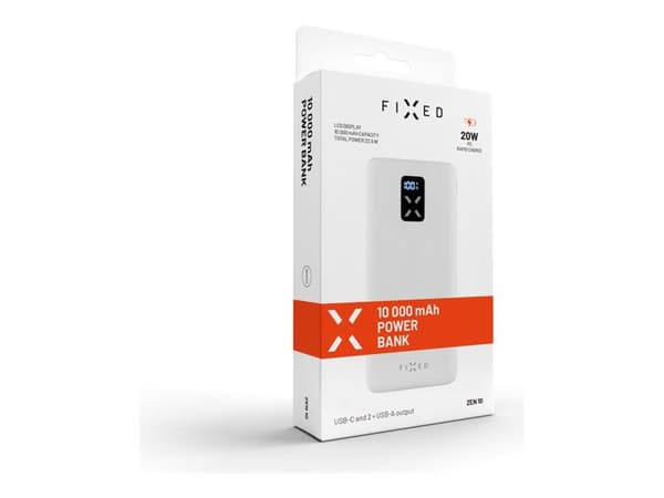 FIXED Zen - Strømbank - 10000 mAh - 20 watt - 5 A - PD - 3 utgangskontakter (2 x USB, 24 pin USB-C) - hvit