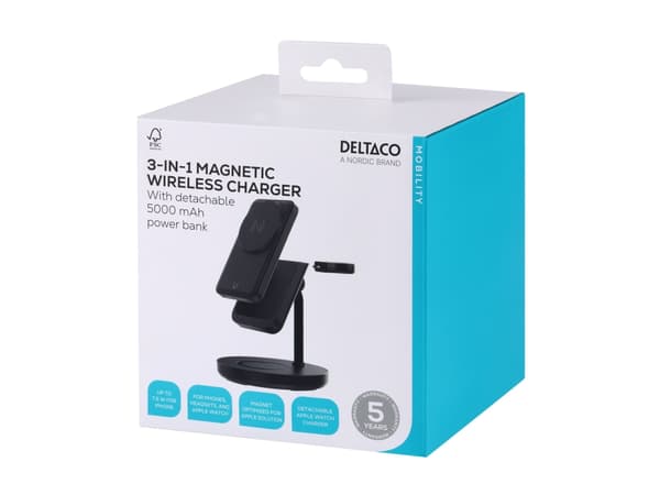 DELTACO - Strømbank - 3-i-1, magnetisk - 5000 mAh - 19.25 Wh - 18 watt - 3 utgangskontakter (hodetelefonkontakt, 24 pin USB-C, trådløs lading) - svar