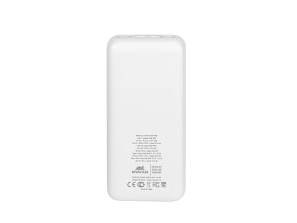 RivaCase POWERBANK 20.000 MAH USB-C 20W + QI 10W, 1X USB-C 20W INN/UT, 2X USB-A QC18W, MICRO-USB INNGANG, QI 10W INDUKSJON, HVIT