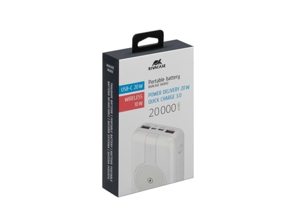 RivaCase POWERBANK 20.000 MAH USB-C 20W + QI 10W, 1X USB-C 20W INN/UT, 2X USB-A QC18W, MICRO-USB INNGANG, QI 10W INDUKSJON, HVIT