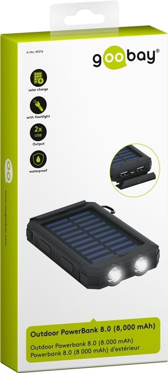 Goobay Outdoor-powerbank 8.0 (8.000 mAh) til udendørs eventyr med robust design, solcellepanel og lommelygtefunktion