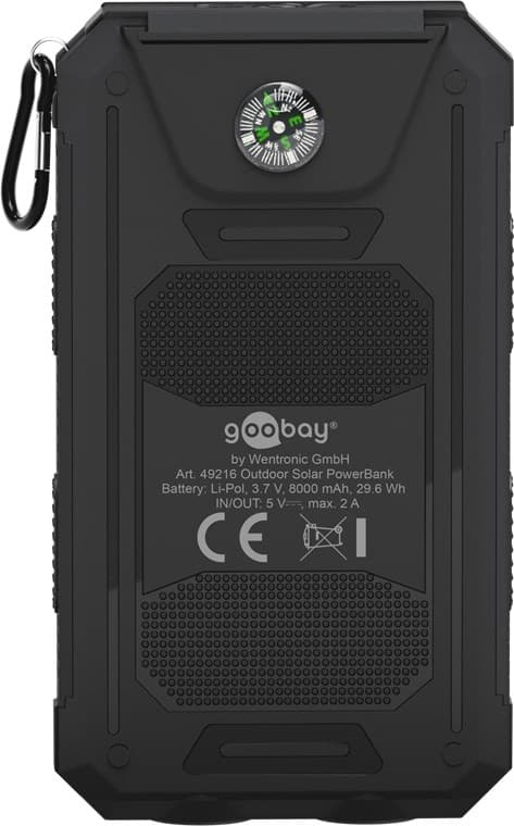 Goobay Outdoor-powerbank 8.0 (8.000 mAh) til udendørs eventyr med robust design, solcellepanel og lommelygtefunktion