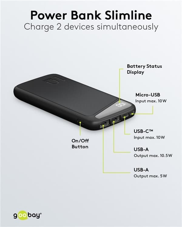 Goobay Powerbank Slimline 10.000 mAh Kraftfulla 10.000 mAh med statusdisplay