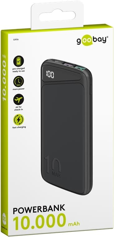 Goobay Hurtig opladning Powerbank 10.000 mAh (USB-C™ PD, QC 3.0) Kraftfuld powerbank med statusdisplay, Quick Charge-kompatibel