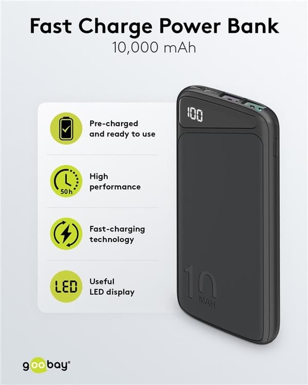 Goobay Hurtig opladning Powerbank 10.000 mAh (USB-C™ PD, QC 3.0) Kraftfuld powerbank med statusdisplay, Quick Charge-kompatibel