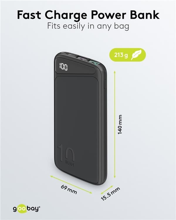 Goobay Hurtig opladning Powerbank 10.000 mAh (USB-C™ PD, QC 3.0) Kraftfuld powerbank med statusdisplay, Quick Charge-kompatibel