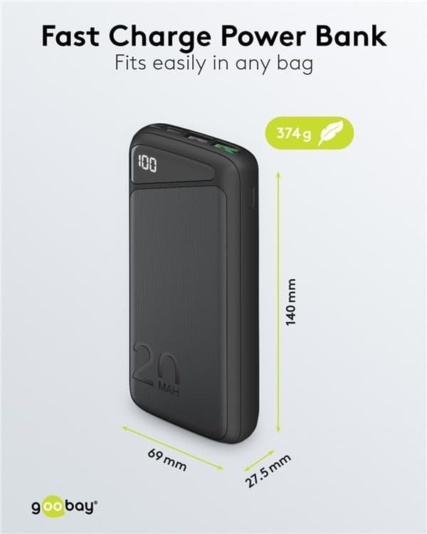 Goobay Quick Charge Powerbank 20 000 mAh (USB-C™ PD, QC 3.0) Kraftig powerbank med statusdisplay, kompatibel med Quick Charge