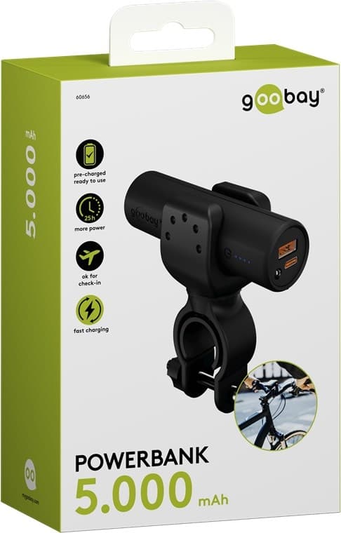 Goobay Bike Powerbank 5.0 (5.000 mAh) lille, tynd og handy bar powerbank med en kapacitet på 5.000 mAh til montering på cyklen