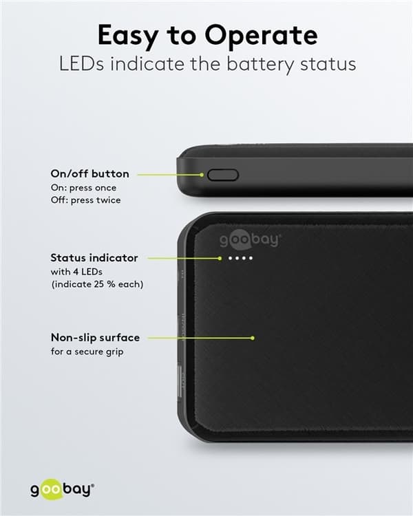 Goobay Powerbank Slimline 10.000 mAh kraftfulla 10 000 mAh i en praktisk och kompakt design med statusljusdioder