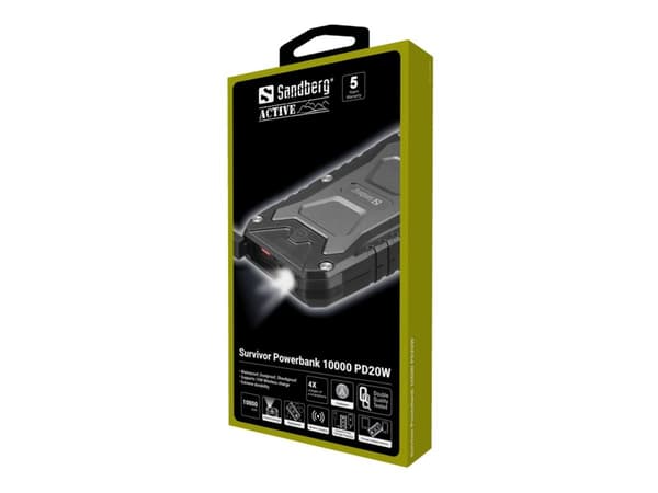 Sandberg Active Survivor - Strømbank - 10000 mAh - 37 Wh - 22.5 watt - 5 A - PD - 2 utgangskontakter (USB, 24 pin USB-C) - på kabel: USB-C Sort