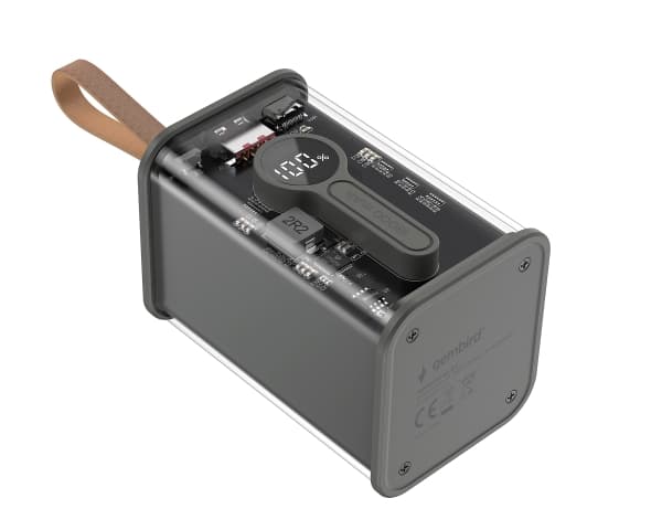 Gembird - Strømbank 4 x 21700 - 18000 mAh - 20 watt - 3 A - QC 3.0 - 2 utgangskontakter (USB, 24 pin USB-C) - svart, gjennomsiktig