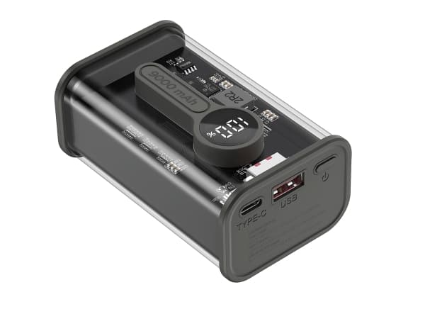 Gembird - Strømbank 2 x 21700 - 9000 mAh - 20 watt - 3 A - PD, QC 3.0 - 2 utgangskontakter (USB, 24 pin USB-C) - svart, gjennomsiktig