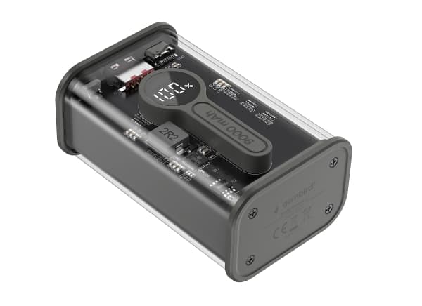 Gembird - Strømbank 2 x 21700 - 9000 mAh - 20 watt - 3 A - PD, QC 3.0 - 2 utgangskontakter (USB, 24 pin USB-C) - svart, gjennomsiktig