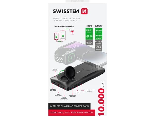 Swissten Wireless Power Bank Eksternt ladebatteri For Apple Watch og MagSafe-enhet 10000mAh