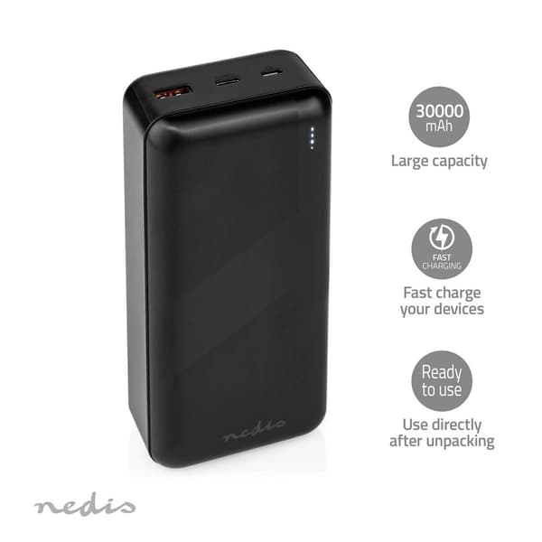 Nedis Power Bank | 32000 mAh | 2.4 / 3.0 / 3.25 A | Antall utganger: 2 | Utgangstilkobling: 1x USB-A / 1x USB-C™ | Inngangstilkobling: 1x Micro USB /