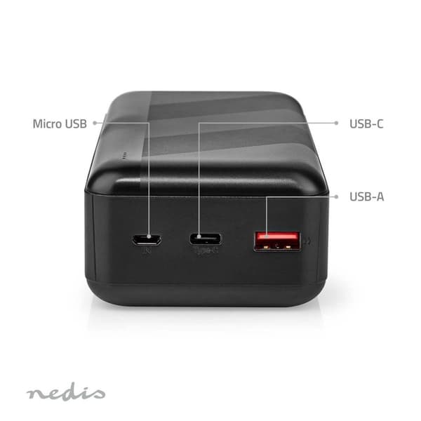 Nedis Power Bank | 32000 mAh | 2.4 / 3.0 / 3.25 A | Antall utganger: 2 | Utgangstilkobling: 1x USB-A / 1x USB-C™ | Inngangstilkobling: 1x Micro USB /