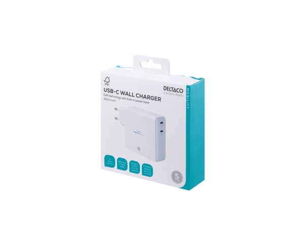 DELTACO - Strømbank / strømadapter - Li-Ion - 9600 mAh - 35.52 Wh - 60 watt - QC - 2 utgangskontakter (24 pin USB-C) - hvit