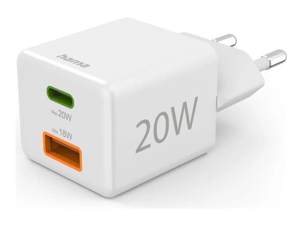 Hama - Strømadapter - 20 watt - 3 A - PD, QC 2.0, QC 3.0 - 2 utgangskontakter (USB-type A, 24 pin USB-C) - hvit Hvit