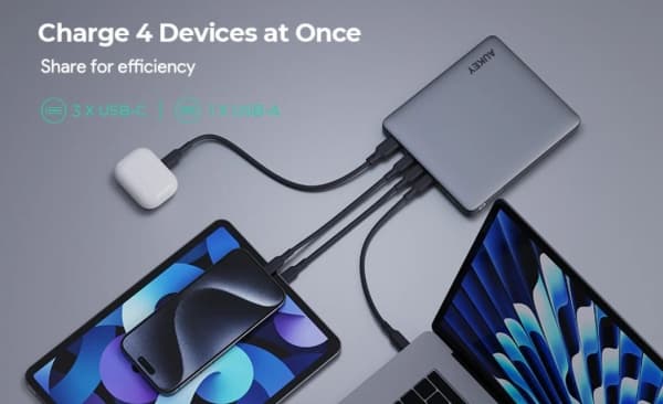 AUKEY Powerbank 100W 20000mAh 3xUSB-C PD 3.0, Automatisk, AC, Cigarr tändare, Svart