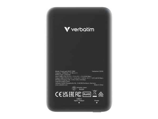 Verbatim Charge 'n' Go - Trådløs nødlader - magnetmontering - Li-pol - 10000 mAh - 20 watt - 2.4 A - Apple Fast Charge, PD 3.0, QC 3.0, Apple 2.4A, U