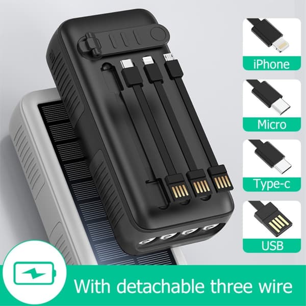Håndsving 30000mAh Sol PowerBank Lightning/USB-C/Mikrokabel