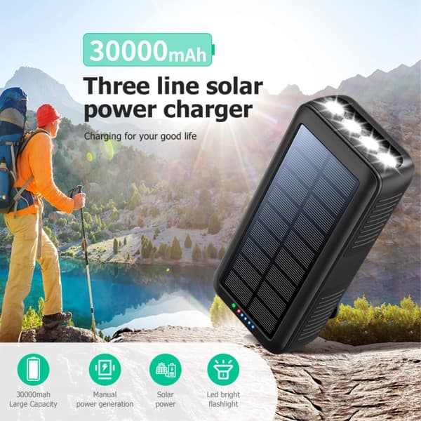 Håndsving 30000mAh Sol PowerBank Lightning/USB-C/Mikrokabel