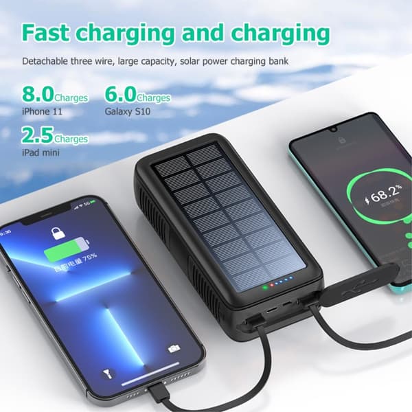 Håndsving 30000mAh Sol PowerBank Lightning/USB-C/Mikrokabel