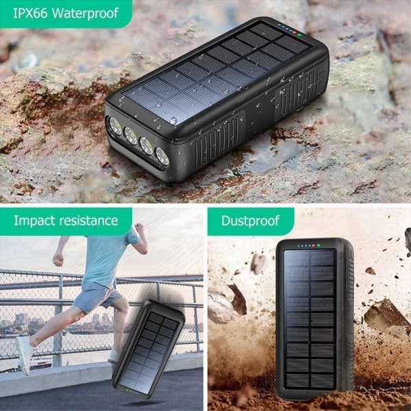 Håndsving 30000mAh Sol PowerBank Lightning/USB-C/Mikrokabel
