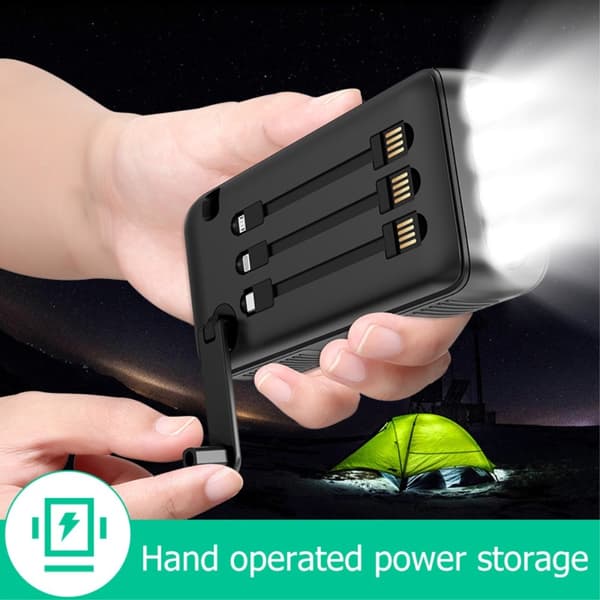 Håndsving 30000mAh Sol PowerBank Lightning/USB-C/Mikrokabel