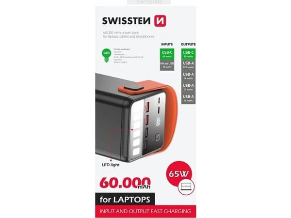 Powerbank Sourcing Swissten Power Line Power Bank External Charging Battery 60,000 mAh / 65W Sort
