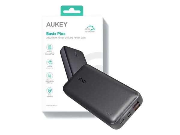 AUKEY PB-N74S Power Bank 20000mAh 22.5W QC 3.0 PD 3.0 5xUSB SCP LCD Black, 20000 mAh, Lithium, Sort