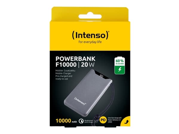 Intenso F10000 - Strømbank - 10000 mAh - 20 watt - 3 A - QC 3.0, Power Delivery 3.0 + PPS - 2 utgangskontakter (24 pin USB-C, USB-type A) - på kabel: