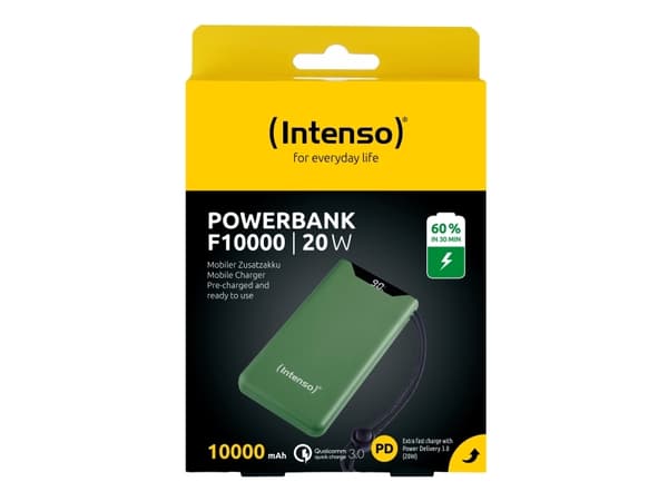 Intenso F10000 - Strømbank - 10000 mAh - 20 watt - 3 A - QC 3.0, Power Delivery 3.0 + PPS - 2 utgangskontakter (24 pin USB-C, USB-type A) - på kabel:
