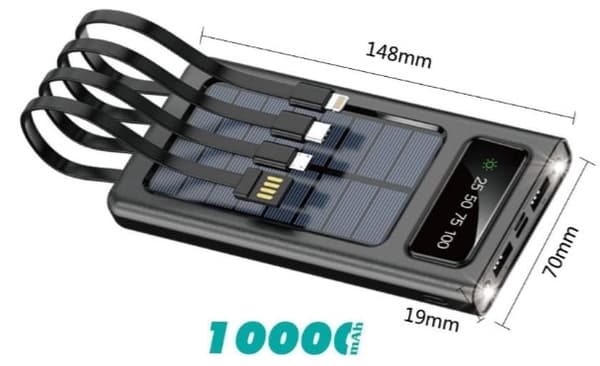 Aerbes Powerbank med Solceller - 10.000 mAh - Sort