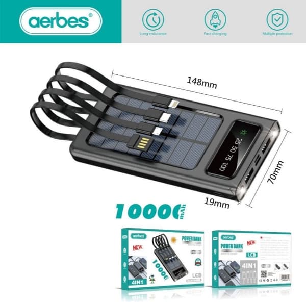 Aerbes Powerbank med Solceller - 10.000 mAh - Sort